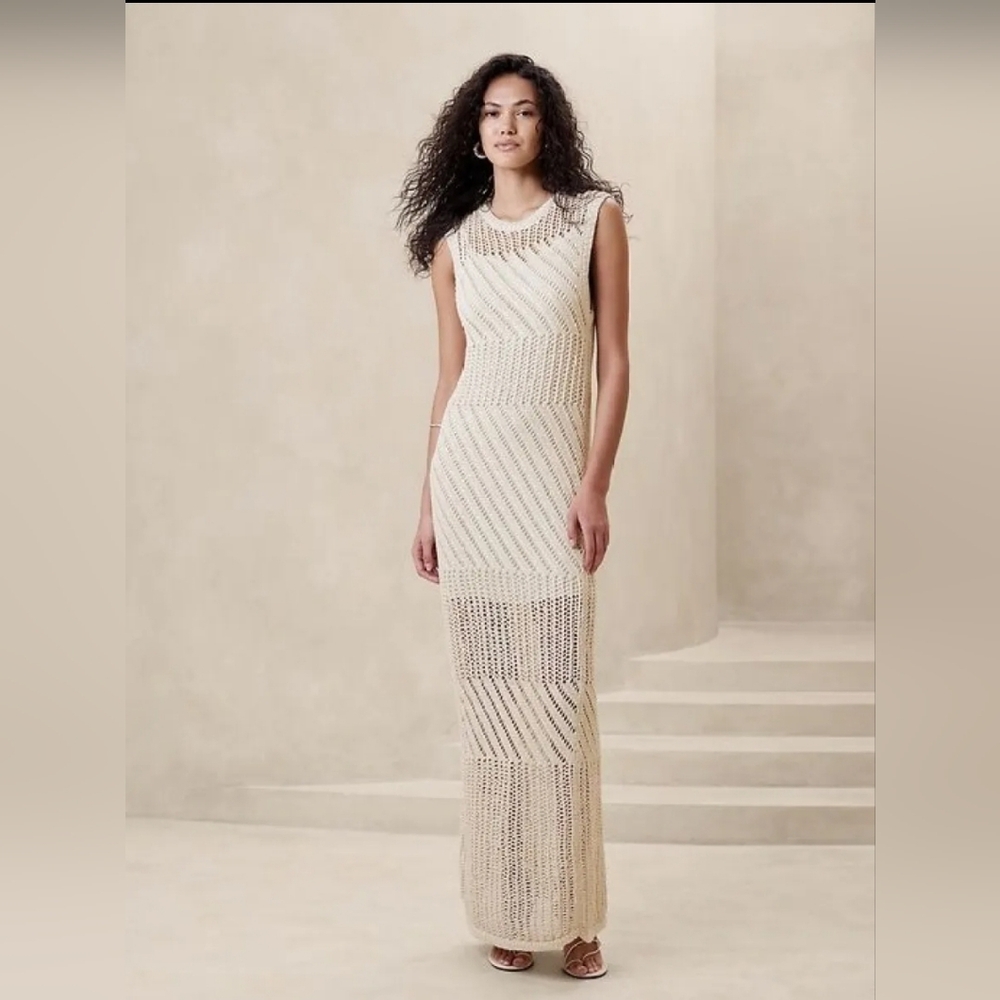 NWT Banana Republic White Cotton-Blend Open-Stitch Maxi Dress Size XSP